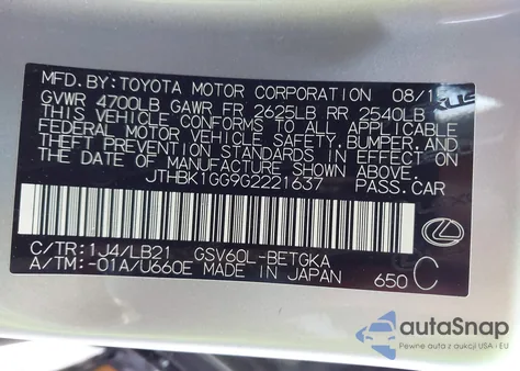 2016 Lexus Es 350 from USA, damaged, VIN JTHBK1GG9G2221637